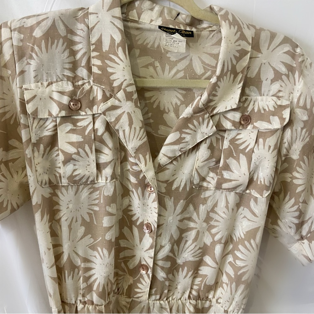 Vintage 70s Stuart Alan tan beige floral collared belt dress button up midi - Picture 8 of 9